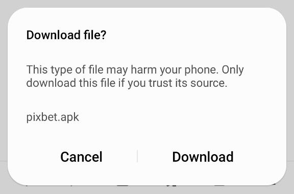 Botão para confirmar o download do aplicativo móvel Pixbet no Android