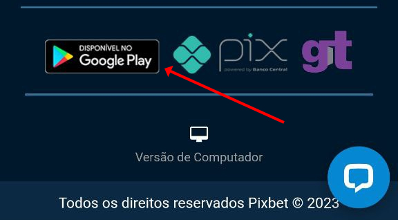 Seção de aplicativos móveis da Pixbet na parte inferior da página inicial